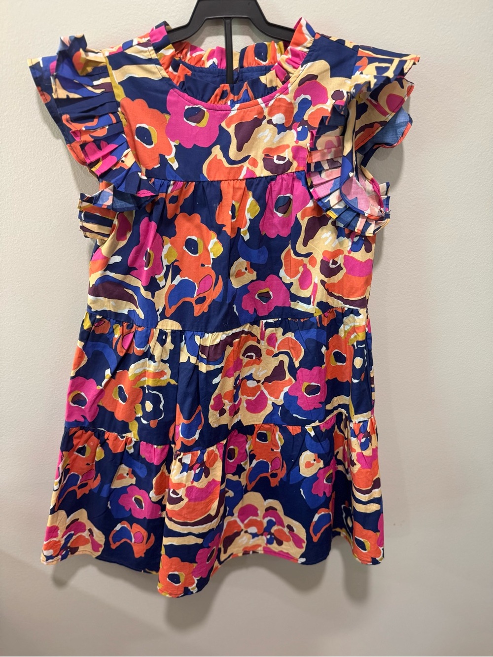 Girls Floral Navy Blue Ruffle Sleeve Dress